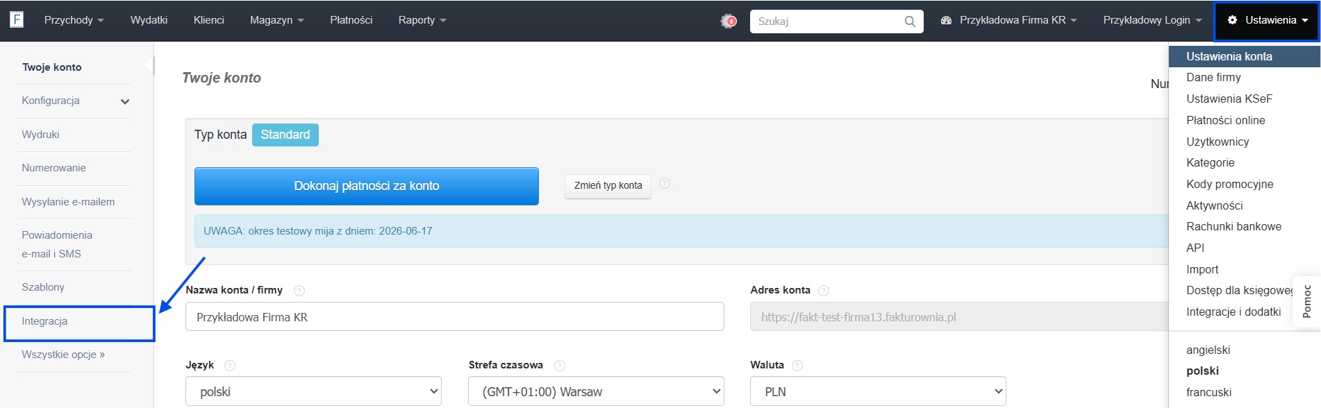 Ustawienia konta w systemie Fakturownia z aktywną zakładką ustawień integracji z innymi systemami.
