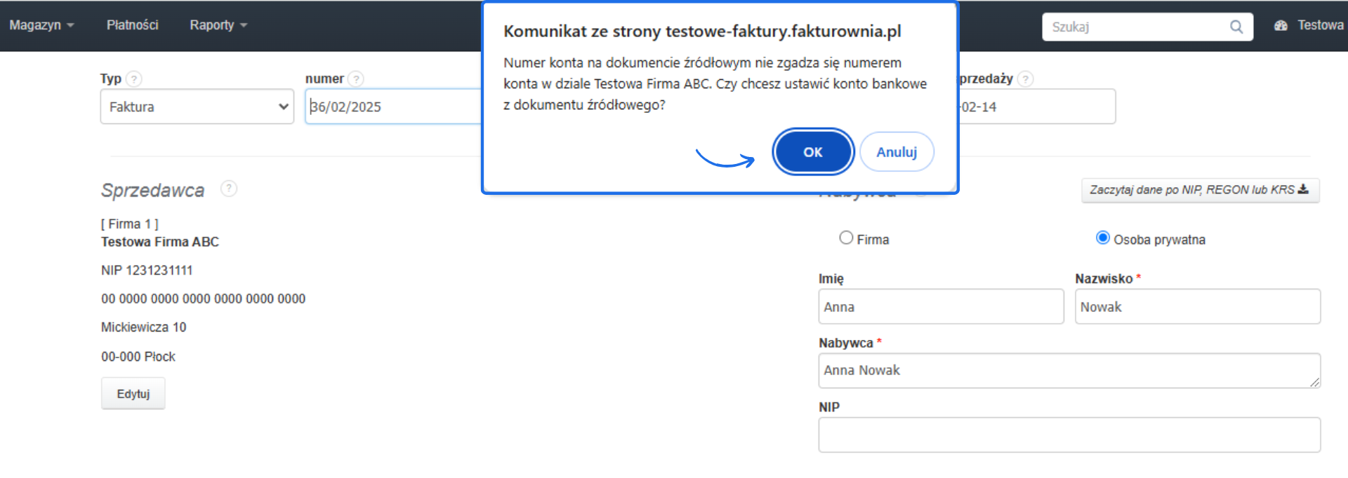 Formularz wystawiania faktury w Fakturowni z komunikatem o niezgodności numeru konta bankowego. Podświetlony przycisk ‘OK’ do zatwierdzenia zmiany.