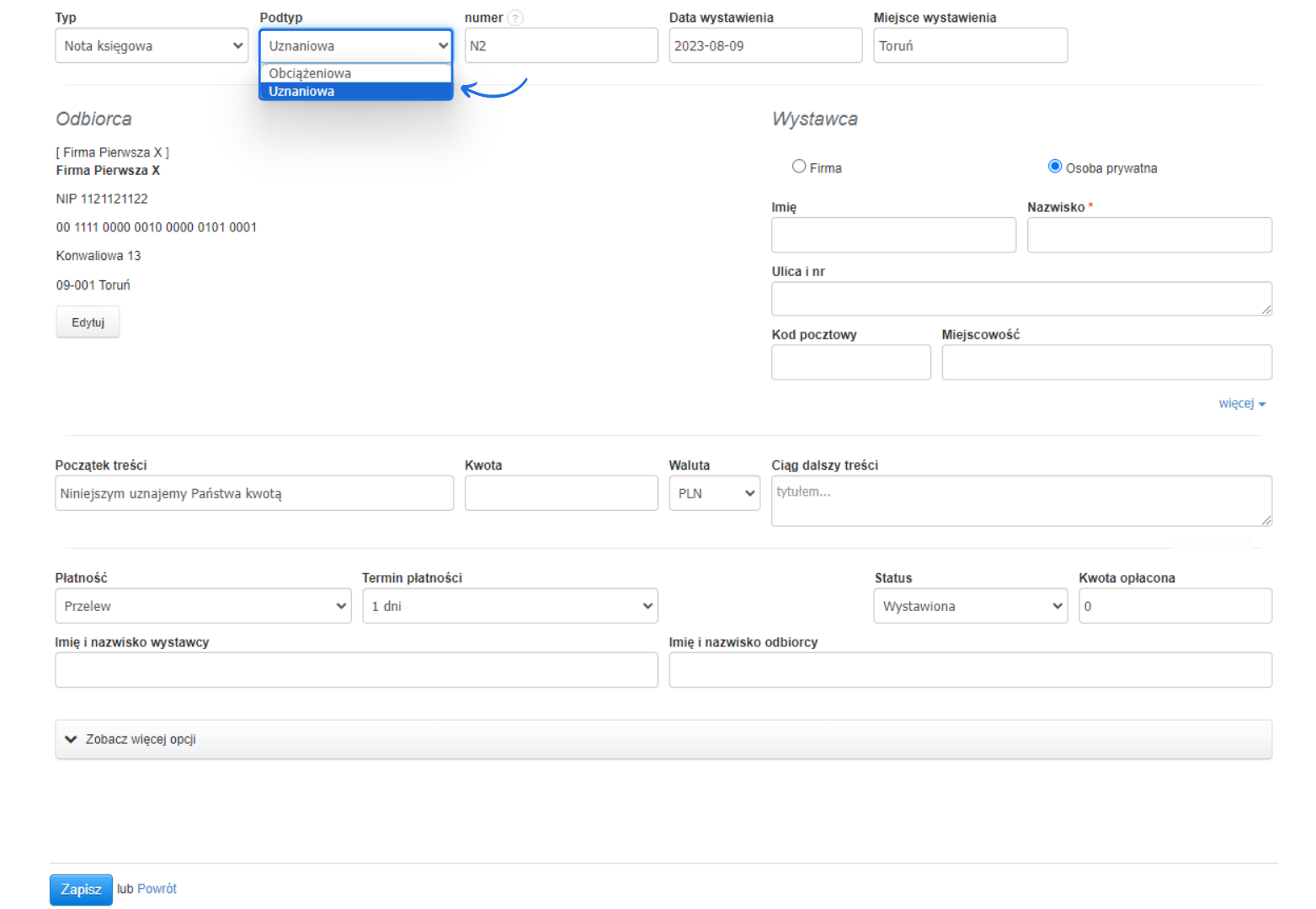 Formularz tworzenia noty księgowej w aplikacji Fakturownia z rozwijanym menu wyboru podtypu noty między 'Uznaniowa' a 'Obciążeniowa'.