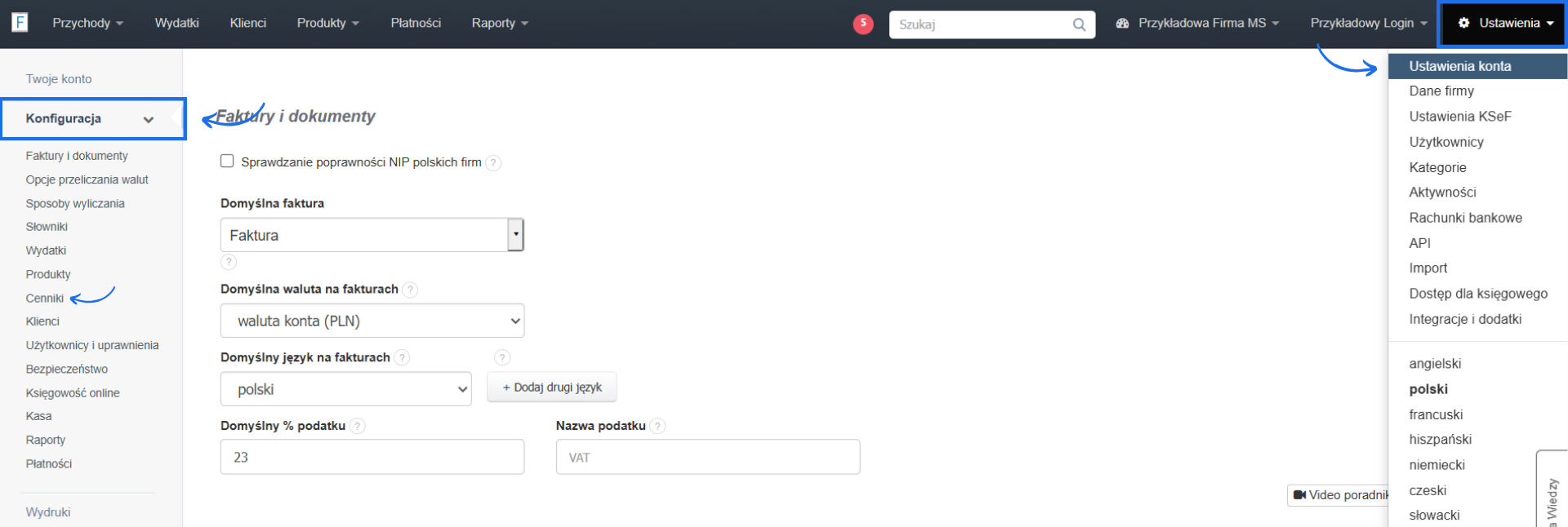 Ustawienia konta systemu Fakturownia z aktywną zakładką konfiguracja i opcją cenników.