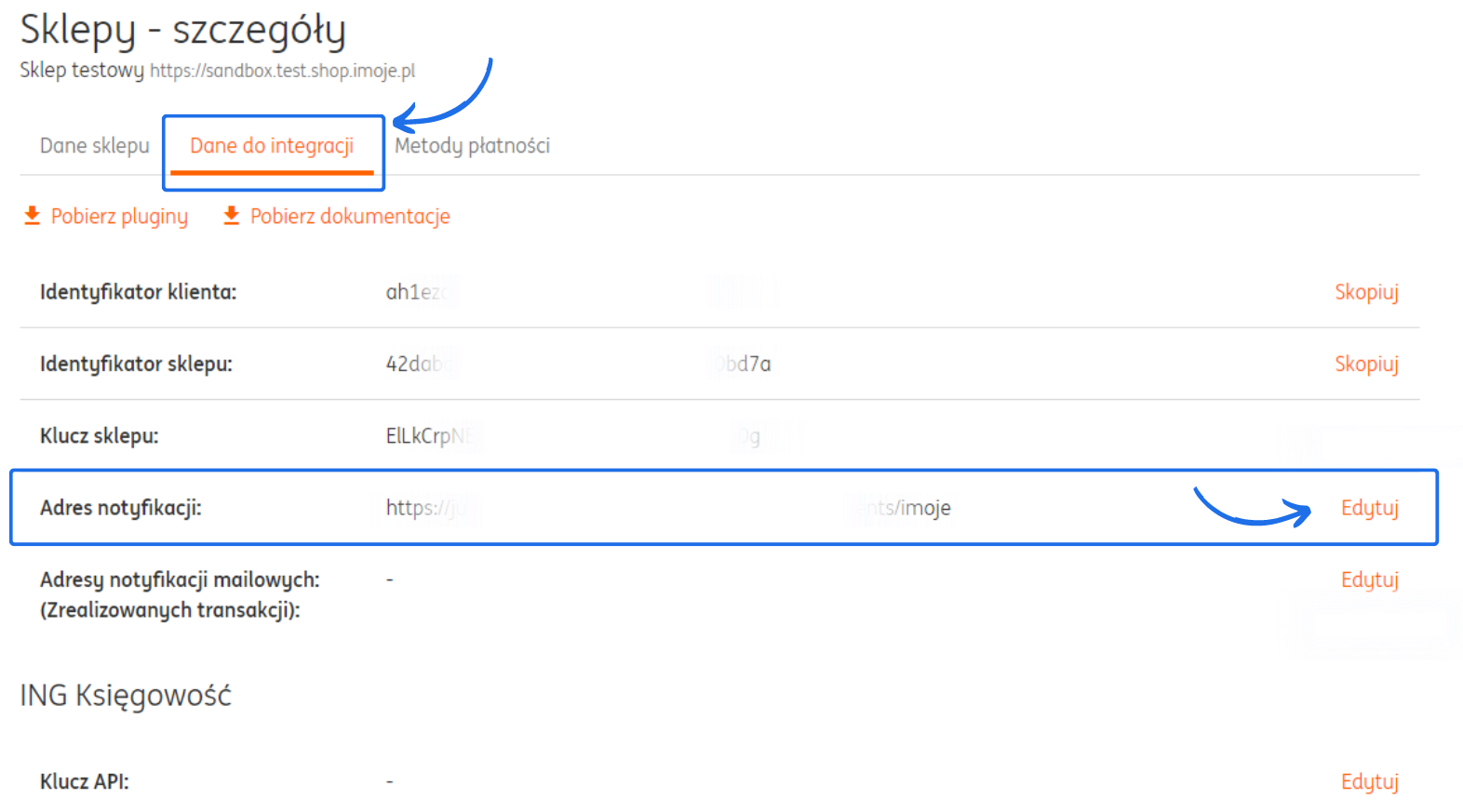 Widok zakładki „Dane do integracji” sklepu testowego imoje z danymi API i edytowalnym adresem notyfikacji.