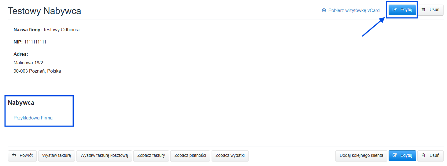 Karta klienta, który jest odbiorcą powiązanym z nabywcą z opcją edycji danych. 