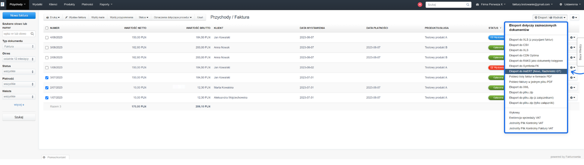Zrzut ekranu z systemu Fakturownia.pl pokazujący opcje eksportu faktur, w tym eksport do InsERT (Nexo, Rachmistrz GT).