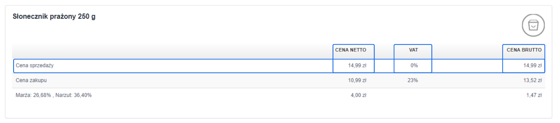 Zrzut ekranu przedstawiający szczegóły ceny sprzedaży i zakupu dla produktu 'Nasiona chia 100 g', w tym stawkę VAT 0% i marżę 23,54%.