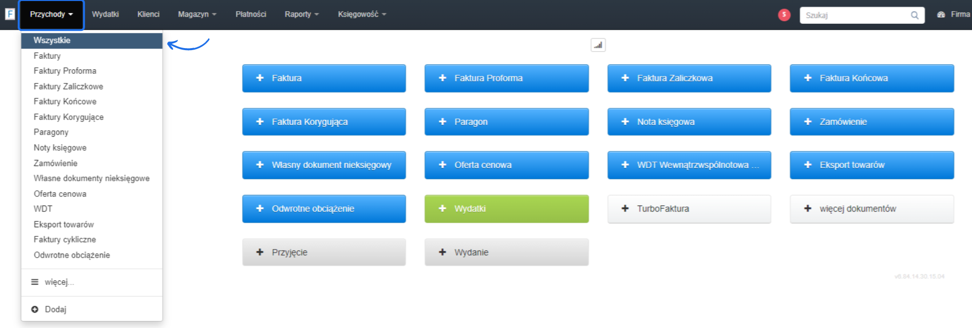 Zrzut ekranu panelu fakturowania, pokazujący listę opcji do wystawiania różnych dokumentów sprzedażowych, takich jak faktury, paragon i zamówienia.