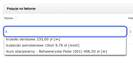 Podpowiedzi produktów w polu Nazwa na fakturze w systemie Fakturownia, po wpisaniu litery 'k'.