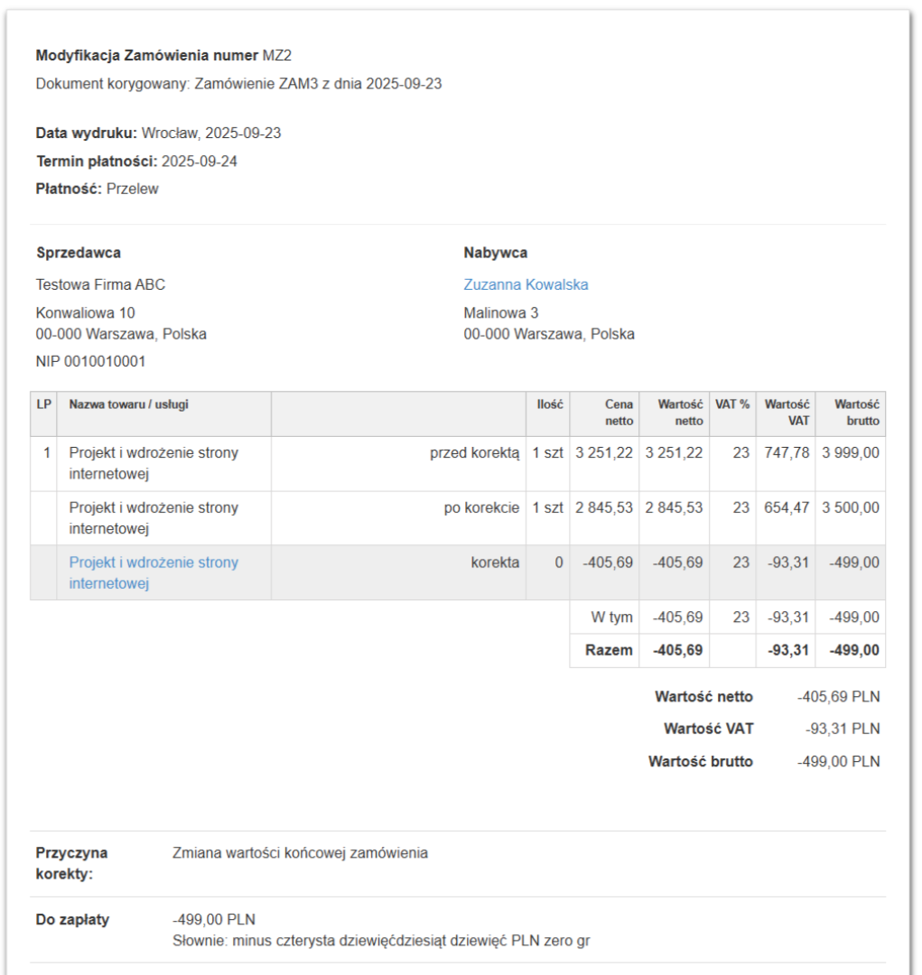 Przykładowy dokument modyfikacja zamówienia korygujący wartość zamówienia, czyli projektu strony internetowej.