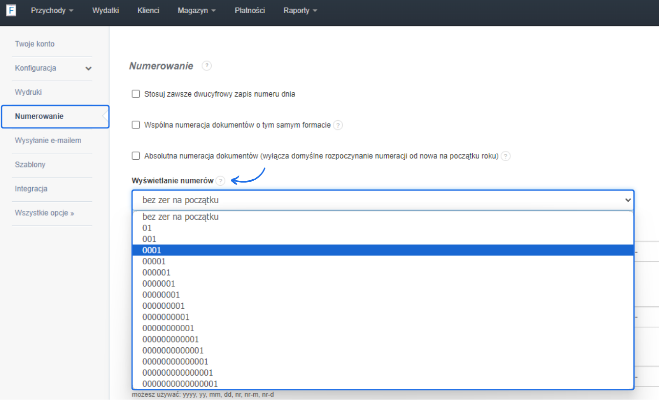 Ekran ustawień numerowania w Fakturowni, pokazujący opcje wyświetlania numerów dokumentów, z rozwijaną listą wyboru formatu numeracji z zerami na początku lub bez.