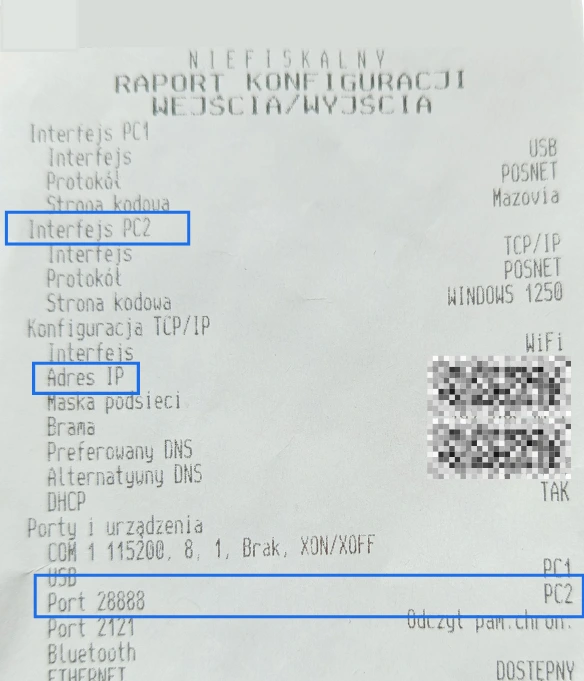 Przykładowy wydruk wejścia/wyjścia na drukarce fiskalnej z informacjami niezbędnymi do konfiguracji połączenia z modułem Paragony.pl.