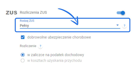 Opcje konfiguracji rozliczeń ZUS w Fakturowni z wybranym pełnym ubezpieczeniem i zaznaczoną opcją dobrowolnego ubezpieczenia chorobowego.