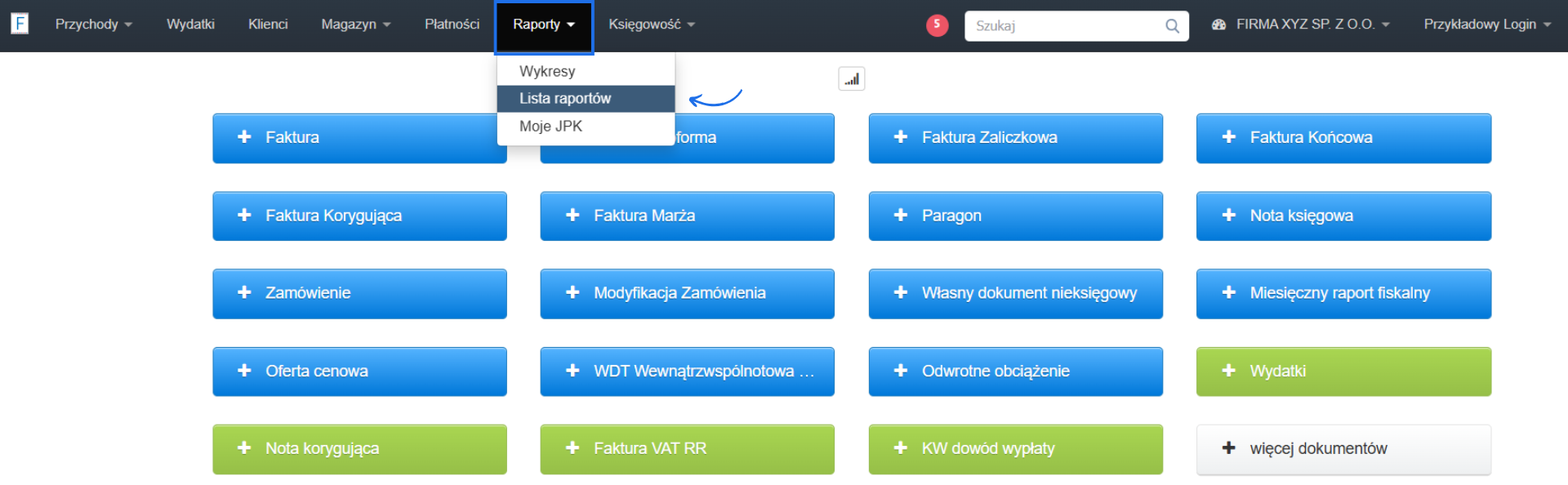 Strona główna konta w systemie Fakturownia z aktywną zakładką raporty i przyciskami do bezpośredniego wystawienia wybranego typu dokumentu np. faktura VAT czy proforma.
