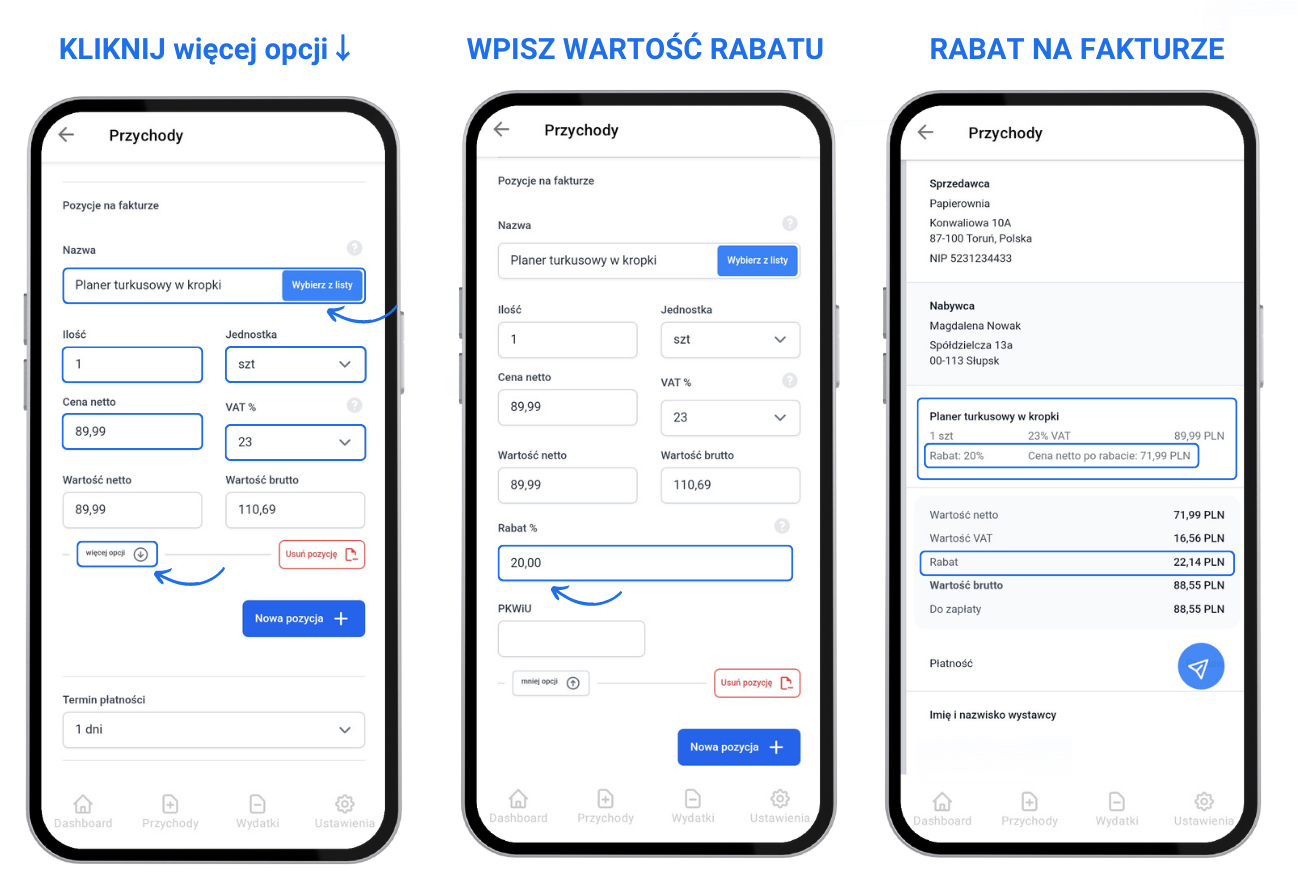 Trzy ekrany aplikacji mobilnej Fakturownia pokazujące proces dodawania rabatu do pozycji na fakturze – od wyboru opcji, przez wpisanie wartości rabatu, aż po finalny widok faktury z uwzględnionym rabatem.