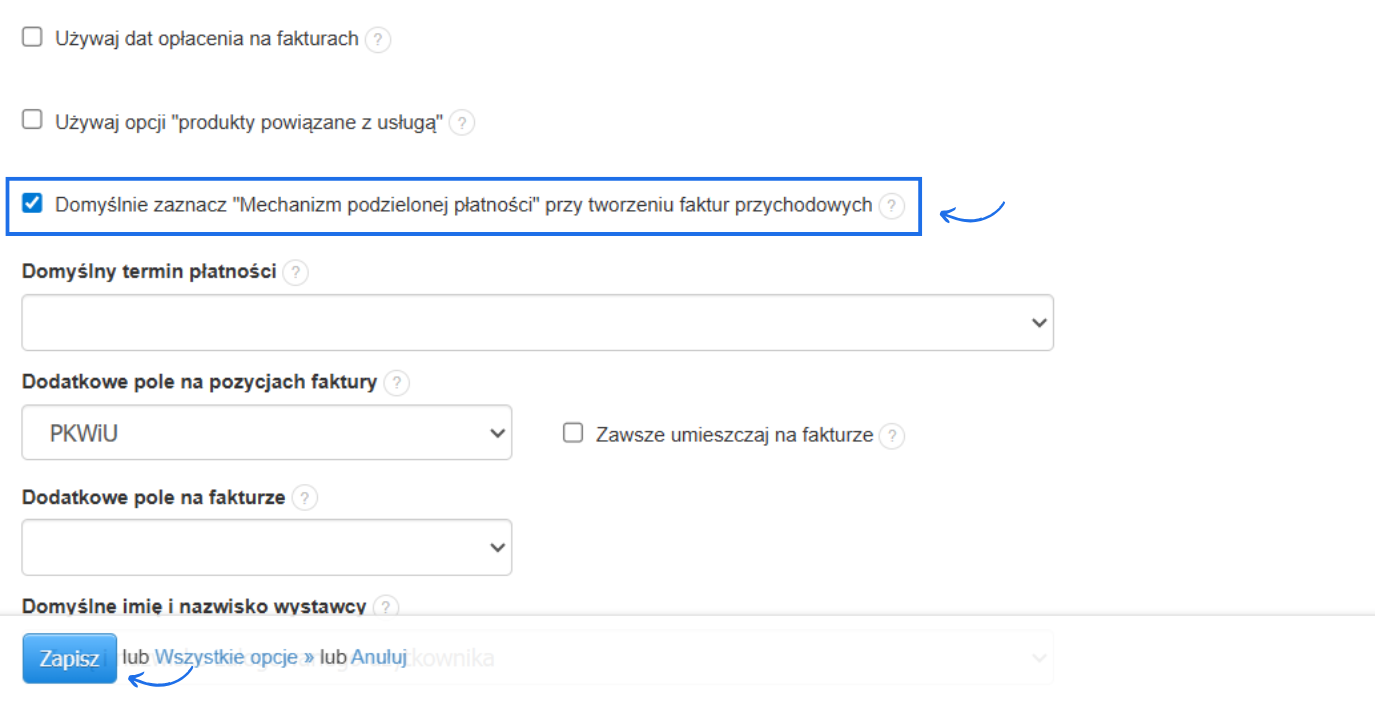 Ustawienia konta w systemie Fakturownia z aktywnym ustawieniem dotyczącym domyślnego oznaczania na fakturze mechanizmu podzielonej płatności.