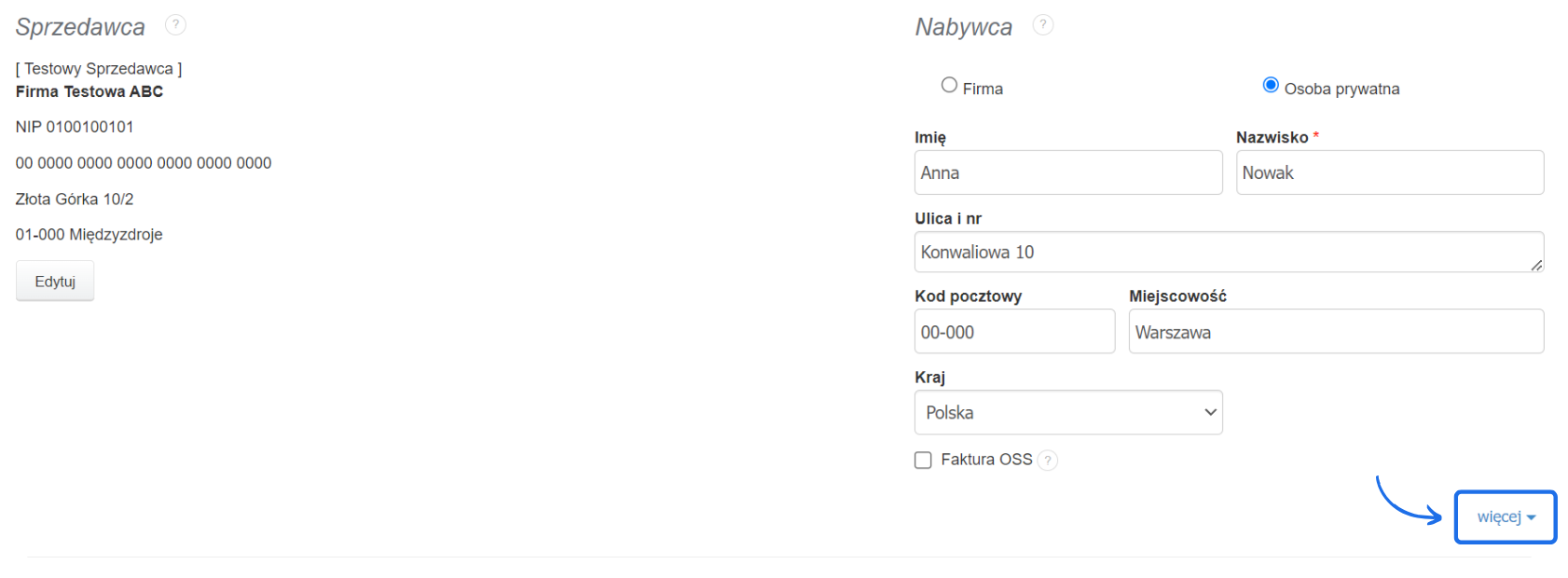 Formularz danych sprzedawcy i nabywcy z wypełnionymi polami, przyciskiem 'więcej' do rozwinięcia dodatkowych opcji oraz zaznaczoną opcją 'Osoba prywatna'.