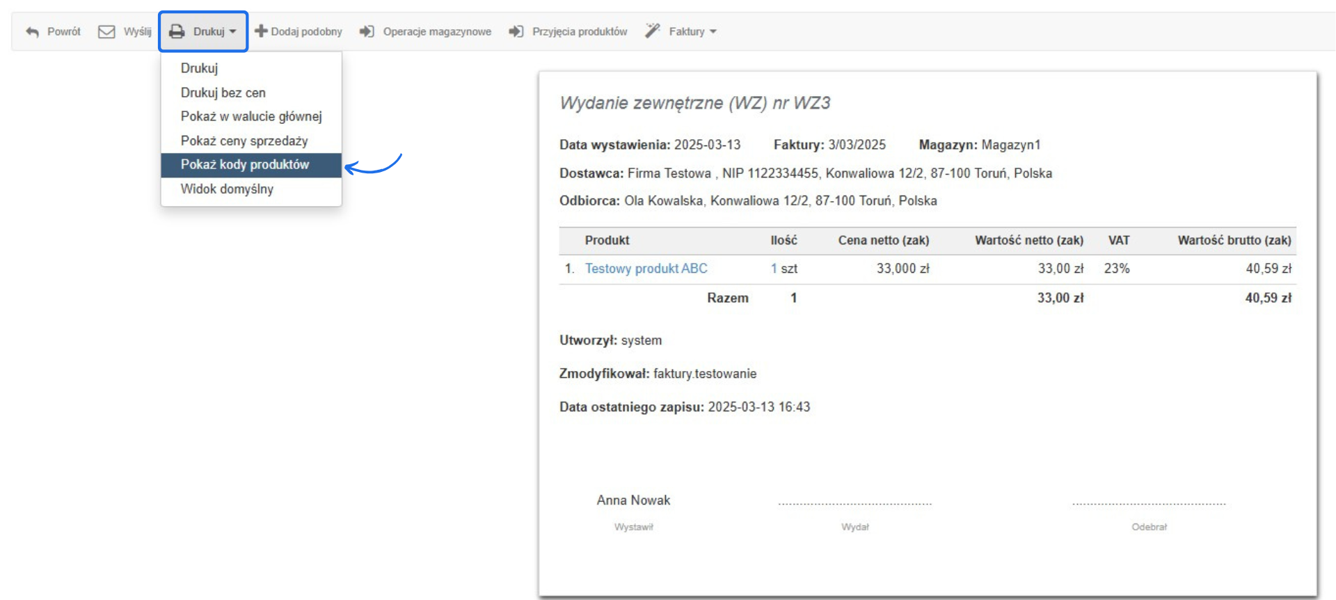Podgląd dokumentu magazynowego WZ3 z datą wystawienia 13/03/2025. Menu 'Drukuj' rozwinięte z opcją 'Pokaż kody produktów' podświetloną.