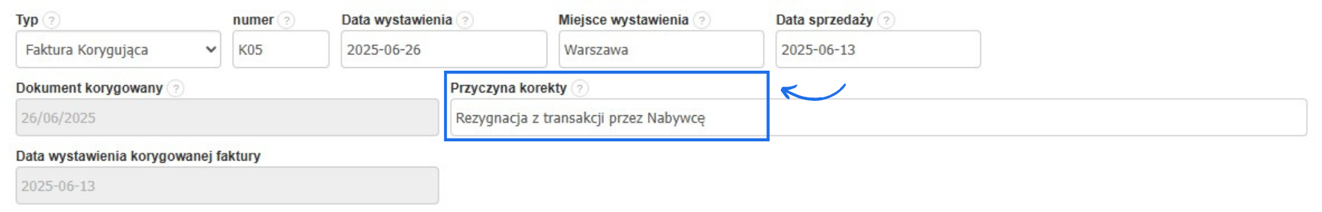 Formularz tworzenia faktury korygującej z polem do podania przyczyny wystawienia korekty. 
