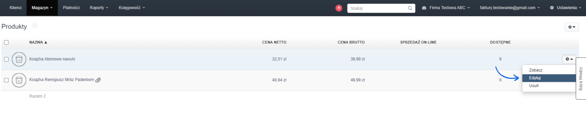 Lista produktów w systemie zarządzania magazynem z opcjami edycji i usuwania, zawierająca książki z cenami netto i brutto.