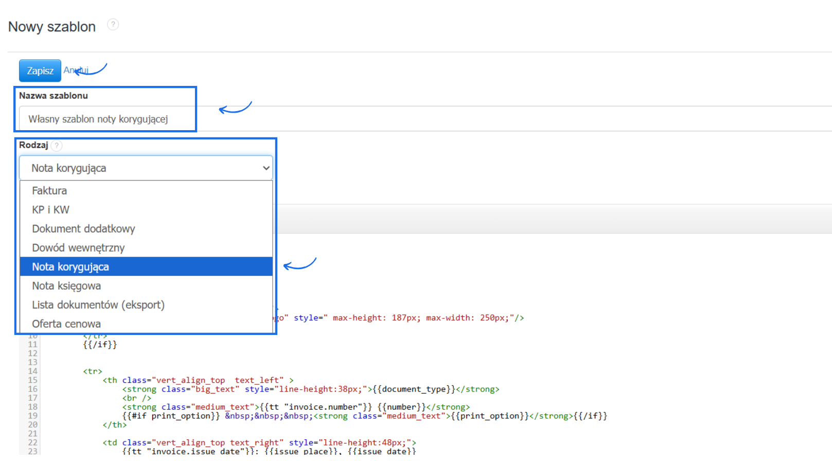 Formularz tworzenia własnego szablonu dokumentu z nadaną nazwą oraz wybranym rodzajem dokumentu, jako nota korygująca.