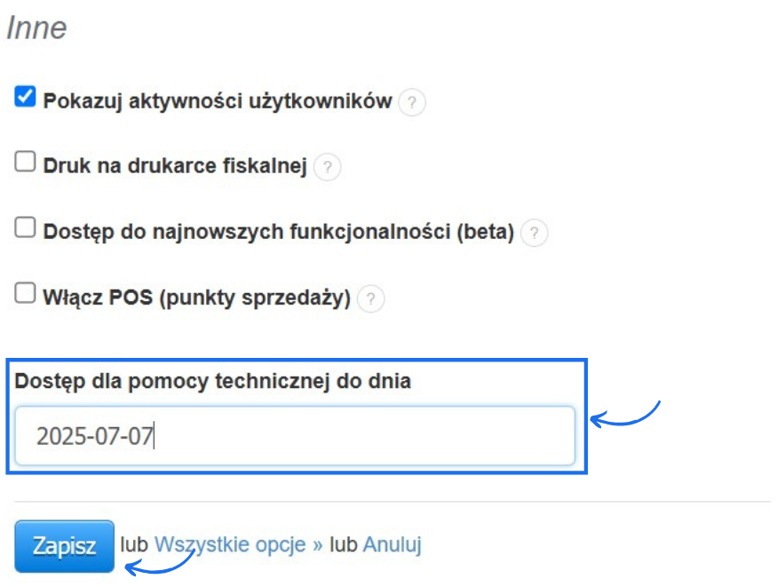 Pole wyboru daty, do kiedy nadany zostaje dostęp do konta dla pomocy technicznej z dostępem do innych opcji w ustawieniach konta.