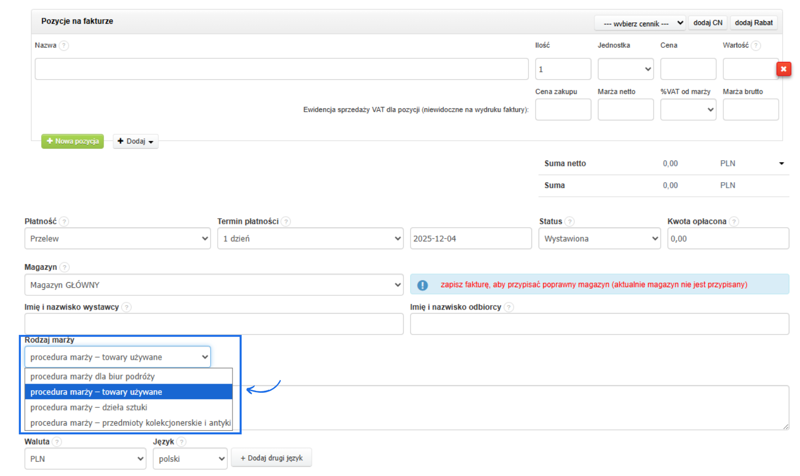 Formularz faktury VAT marża z rozwijanym menu 'Rodzaj marży', pozwalającym wybrać odpowiednią procedurę marży, taką jak biura podróży, towary używane, dzieła sztuki, przedmioty kolekcjonerskie i antyki.