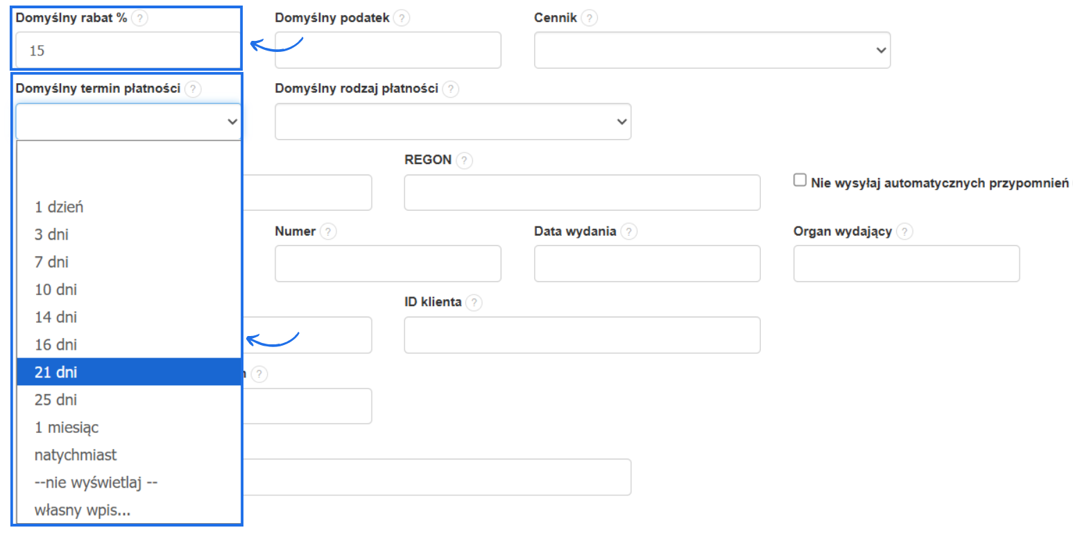 Dedykowane pola w formularzu edycji klienta, pozwalające dodać domyślny % rabatu oraz domyślny termin płatności.