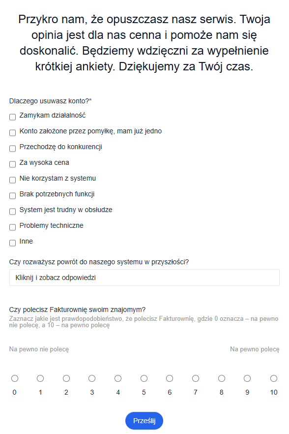 Formularz ankiety przy usuwaniu konta w Fakturownia – pytania o powód rezygnacji, trudności w systemie oraz ocena polecenia usługi.