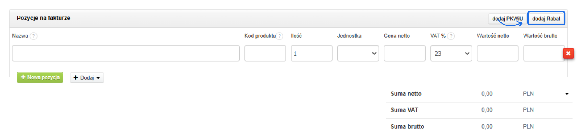 Formularz pozycji na fakturze w Fakturowni. Widoczny przycisk ‘dodaj Rabat’ oraz opcja ‘dodaj PKWiU’ obok pól z danymi produktu.