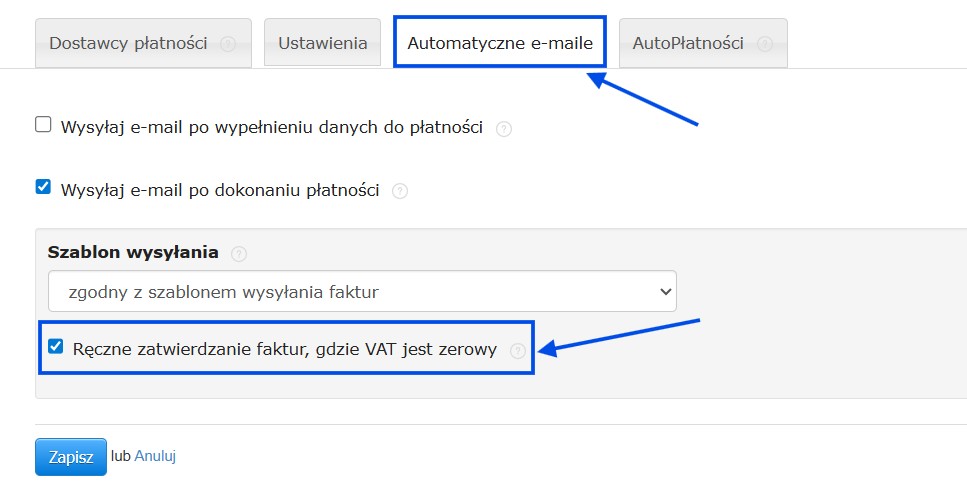 Ustawienia automatycznej wysyłki e-maili dla faktury wystawionych przez autopłatności.