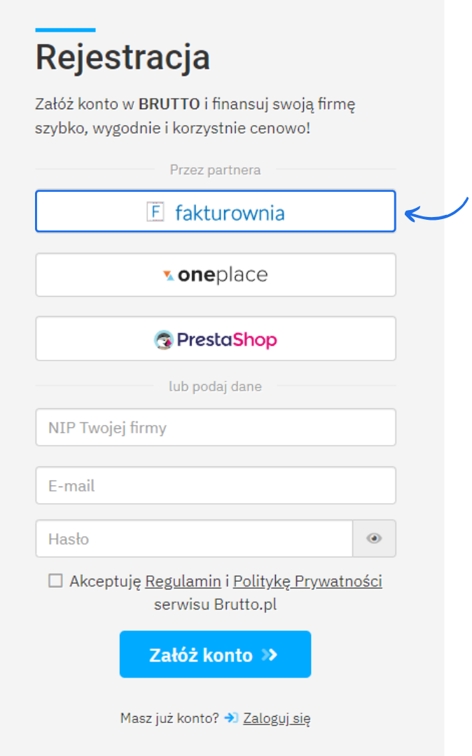 Rejestracja konta w Brutto przez Fakturownię, z opcjami wyboru innych partnerów i formularzem danych.