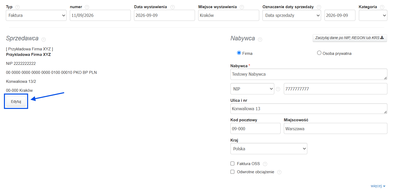 Formularz edycji faktury z możliwością zmiany typu dokumentu, numeru oraz danych sprzedawcy.