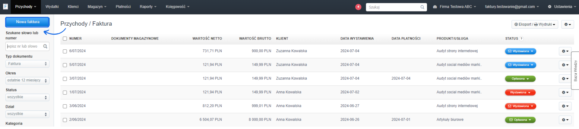 Lista faktur w programie Fakturownia z widocznym przyciskiem 'Nowa faktura' i wyszukiwarką dokumentów.