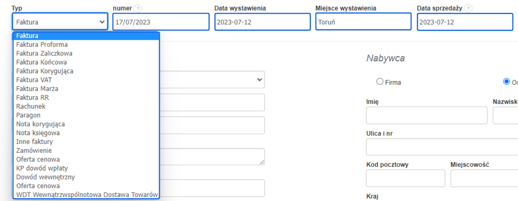 Formularz tworzenia faktury w systemie do fakturowania z możliwością wyboru typu wystawianego dokumentu oraz numerem faktury i datami wystawienia oraz sprzedaży.