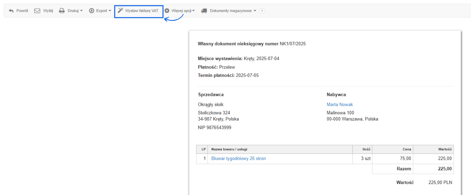 Podgląd własnego dokumentu nieksięgowego z opcją „Wystaw fakturę VAT” i szczegółami płatności dla klienta Anna Nowak.