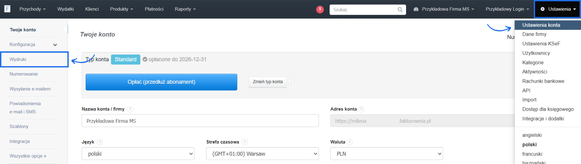 Ustawienia konta w systemie Fakturownia z podstawowymi danymi o typie konta oraz aktywną zakładką wydruki.