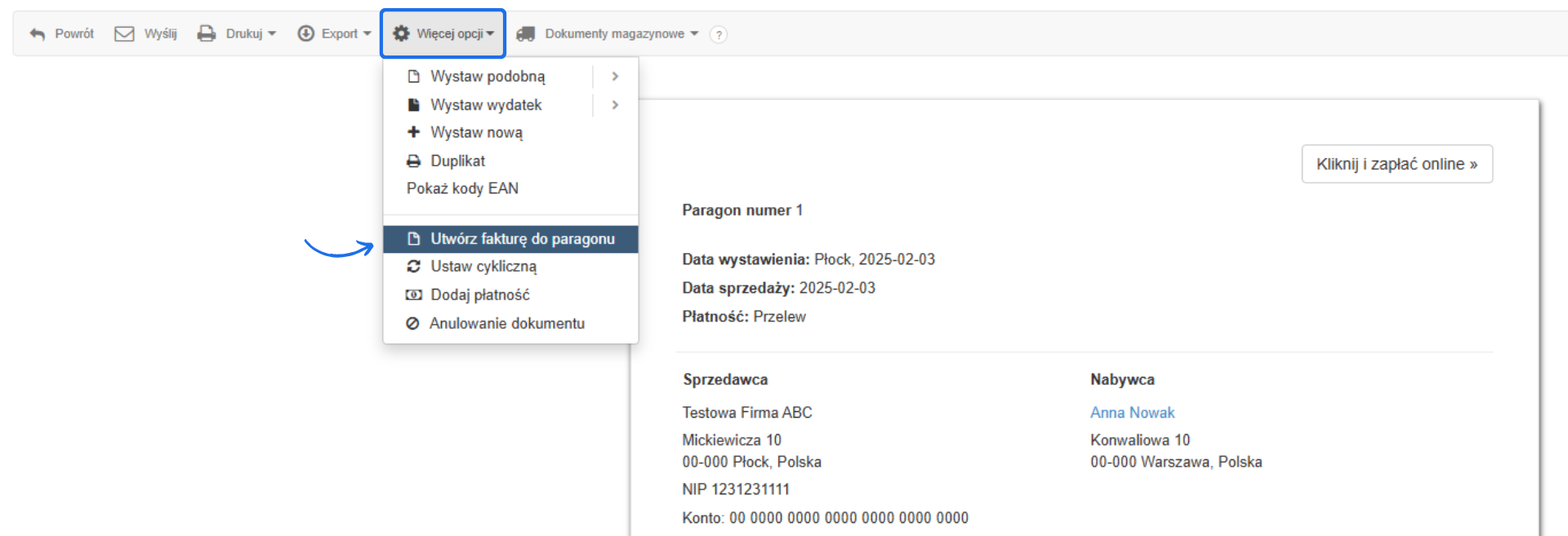 Widok systemu księgowego z otwartym menu 'Więcej opcji'. Zaznaczona opcja 'Utwórz fakturę do paragonu', umożliwiająca wystawienie faktury na podstawie paragonu.
