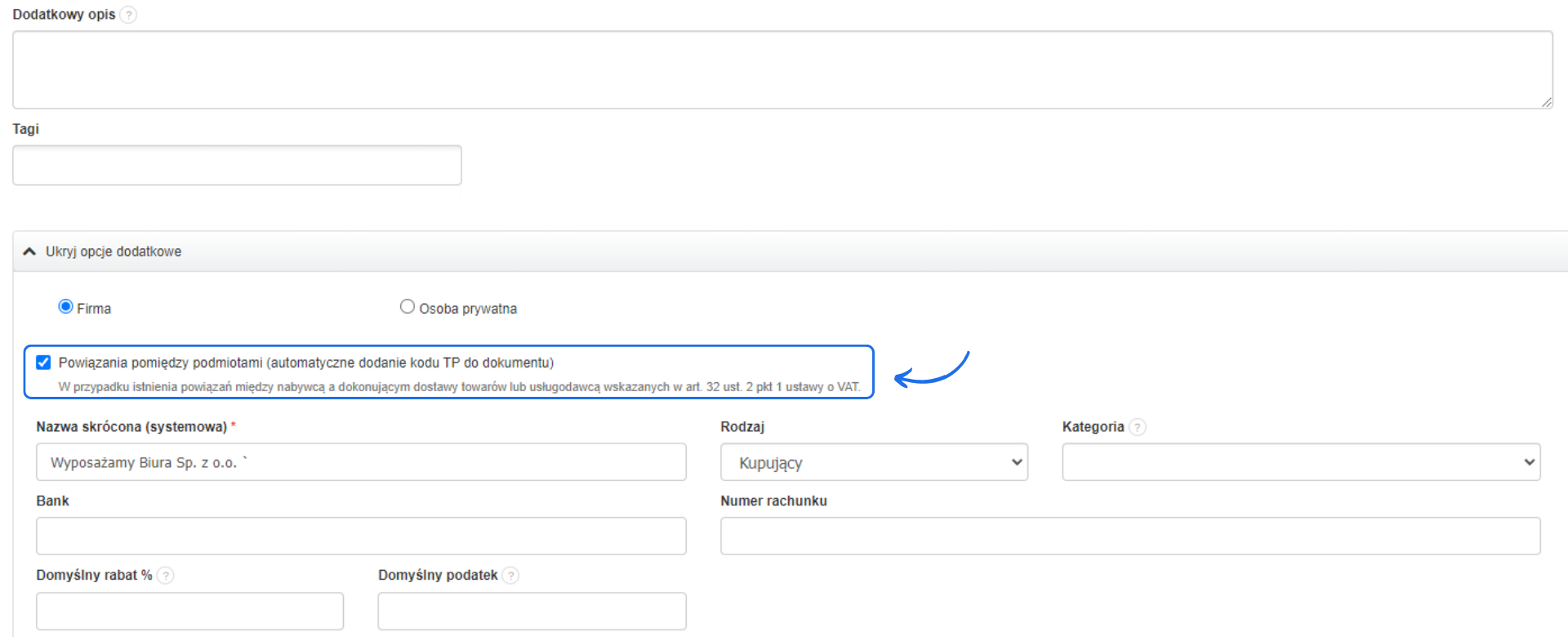 Opcja powiązania pomiędzy podmiotami (automatyczne dodanie kodu TP do dokumentu) do zaznaczenia z poziomu formularza tworzenia/edycji klienta.