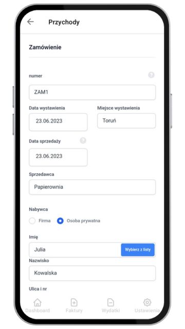 Ekran edycji zamówienia w aplikacji mobilnej Fakturowni z polami do wpisania numeru dokumentu, daty, miejsca wystawienia i danych nabywcy.