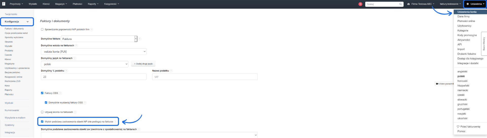 Zrzut ekranu z ustawieniami faktur w systemie, zaznaczona opcja wyboru podstawy zastosowania stawki NIP (nie podlega na fakturze).