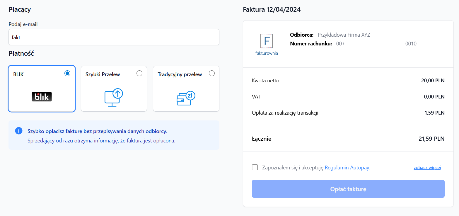 Ekran płatności online z wyborem metody: BLIK, szybki przelew, tradycyjny przelew, opcje banków oraz szczegóły faktury z podsumowaniem kwoty do zapłaty.