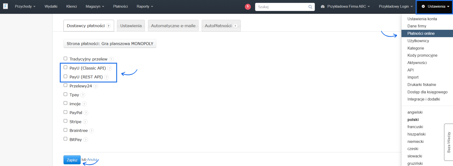 Dostawcy płatności do skonfigurowania w systemie Fakturownia w ramach opcji autopłatności z aktywną bramką PayU.