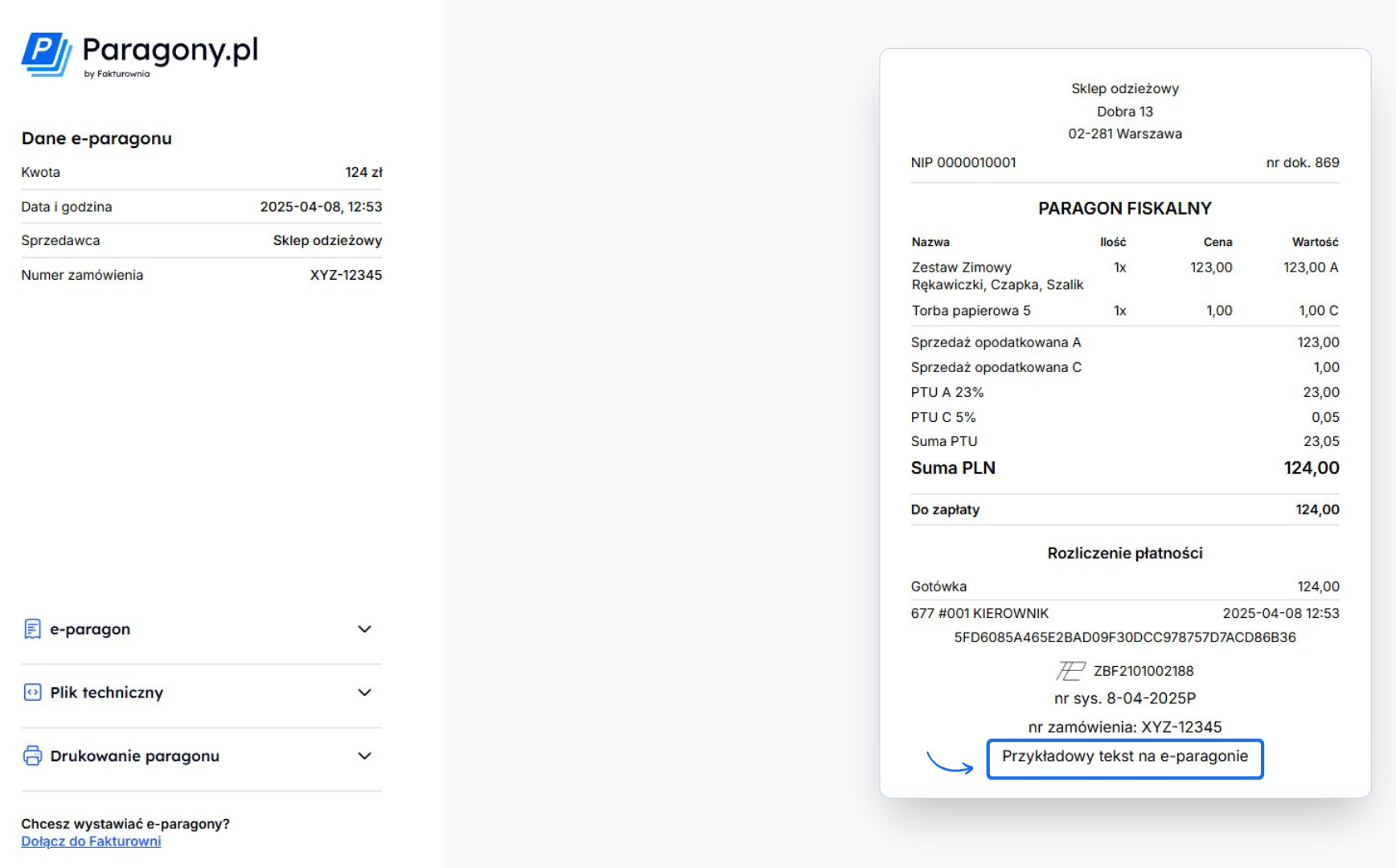 E-paragon z Paragony.pl z dodatkiem tekstu „Przykładowy tekst na e-paragonie” i szczegółami zamówienia XYZ-12345.