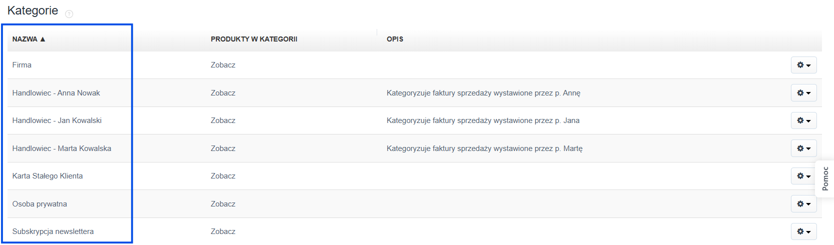 Lista kategorii w systemie posortowana rosnąco po nazwie.