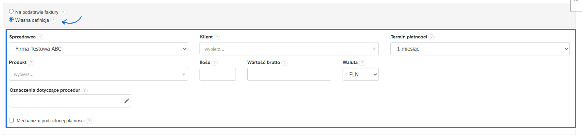Formularz tworzenia faktury cyklicznej według własnej definicji z polami do określenia sprzedawcy, klienta oraz produktu.