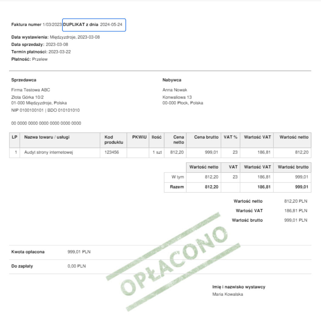Duplikat faktury z numerem 1/03/2023, datą 2024-05-24 i oznaczeniem 'OPŁACONO'. Szczegóły zawierają dane sprzedawcy i nabywcy, pozycje towarów oraz podsumowanie kosztów.