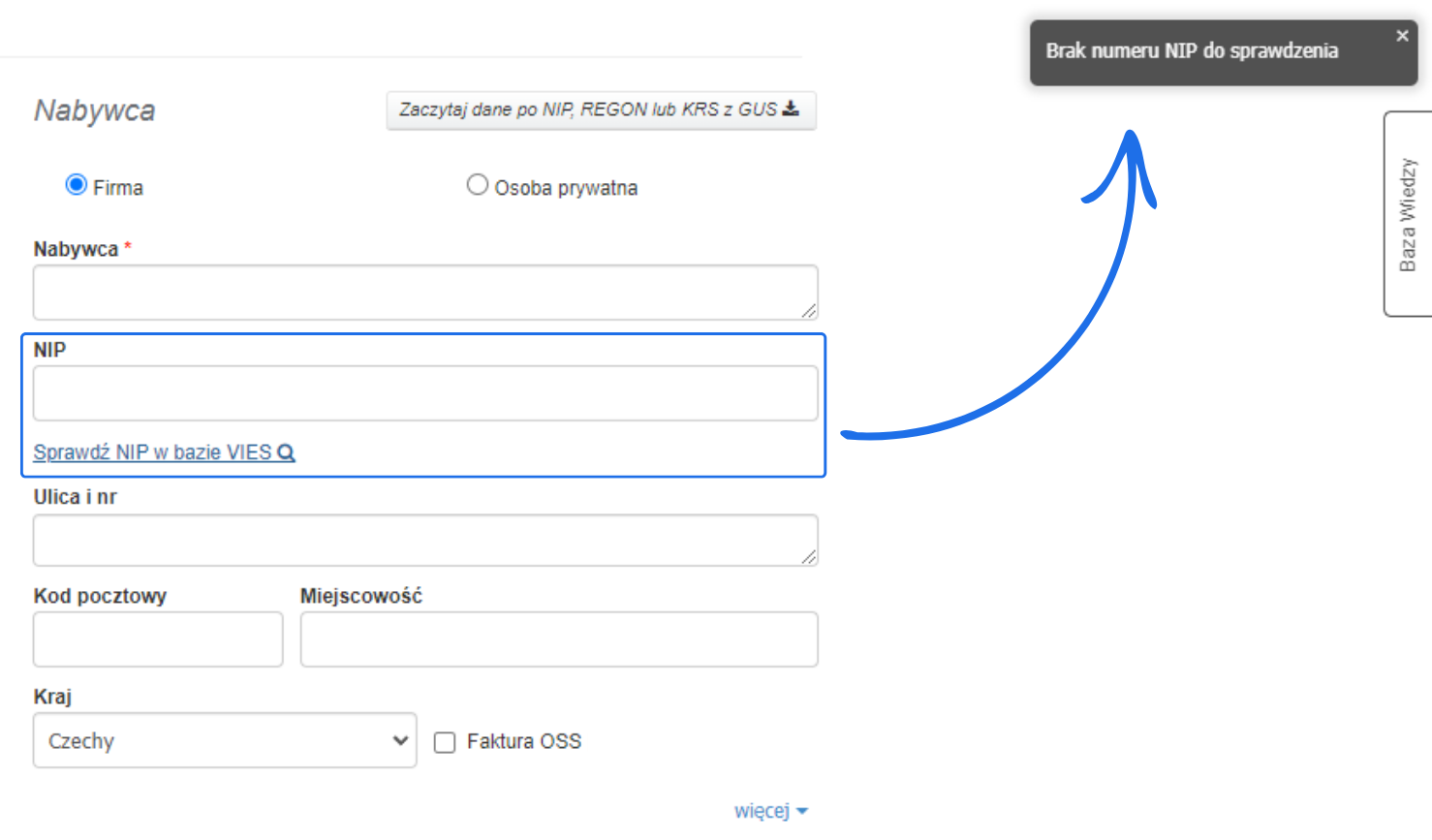 Formularz danych nabywcy z opcją sprawdzenia NIP w bazie VIES, polem NIP, wyborem kraju (Czechy) i komunikatem 'Brak numeru NIP do sprawdzenia'.