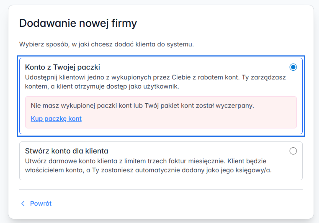 Komunikat dotyczący dodawania nowej firmy w panelu obsługi firm z informacją o wykorzystanym limicie i zakupie paczki kont.