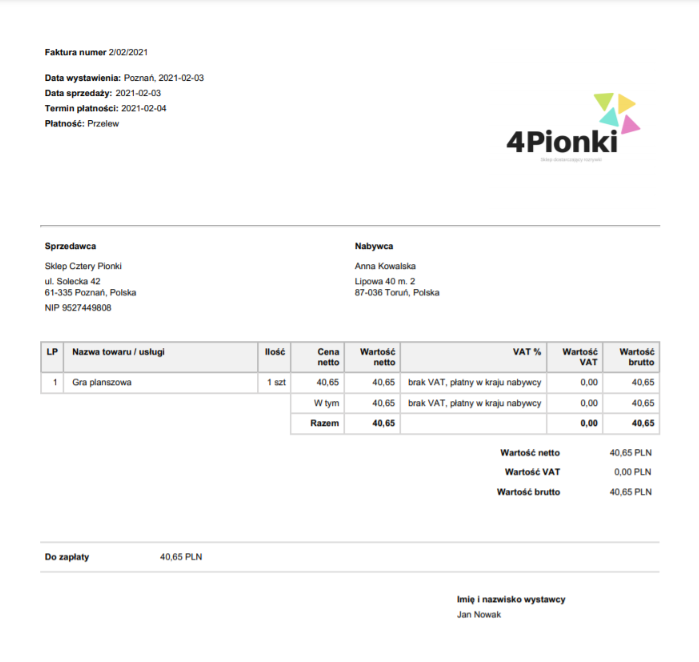 Faktura sprzedaży z danymi sklepu Cztery Pionki, nabywcy Gameplay oraz szczegółami zakupu gry planszowej, brak VAT, kwota brutto 40,65 PLN.