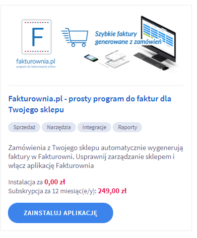 Reklama Fakturownia.pl – programu do fakturowania online dla sklepów. Instalacja za 0 zł, roczna subskrypcja za 249 zł
