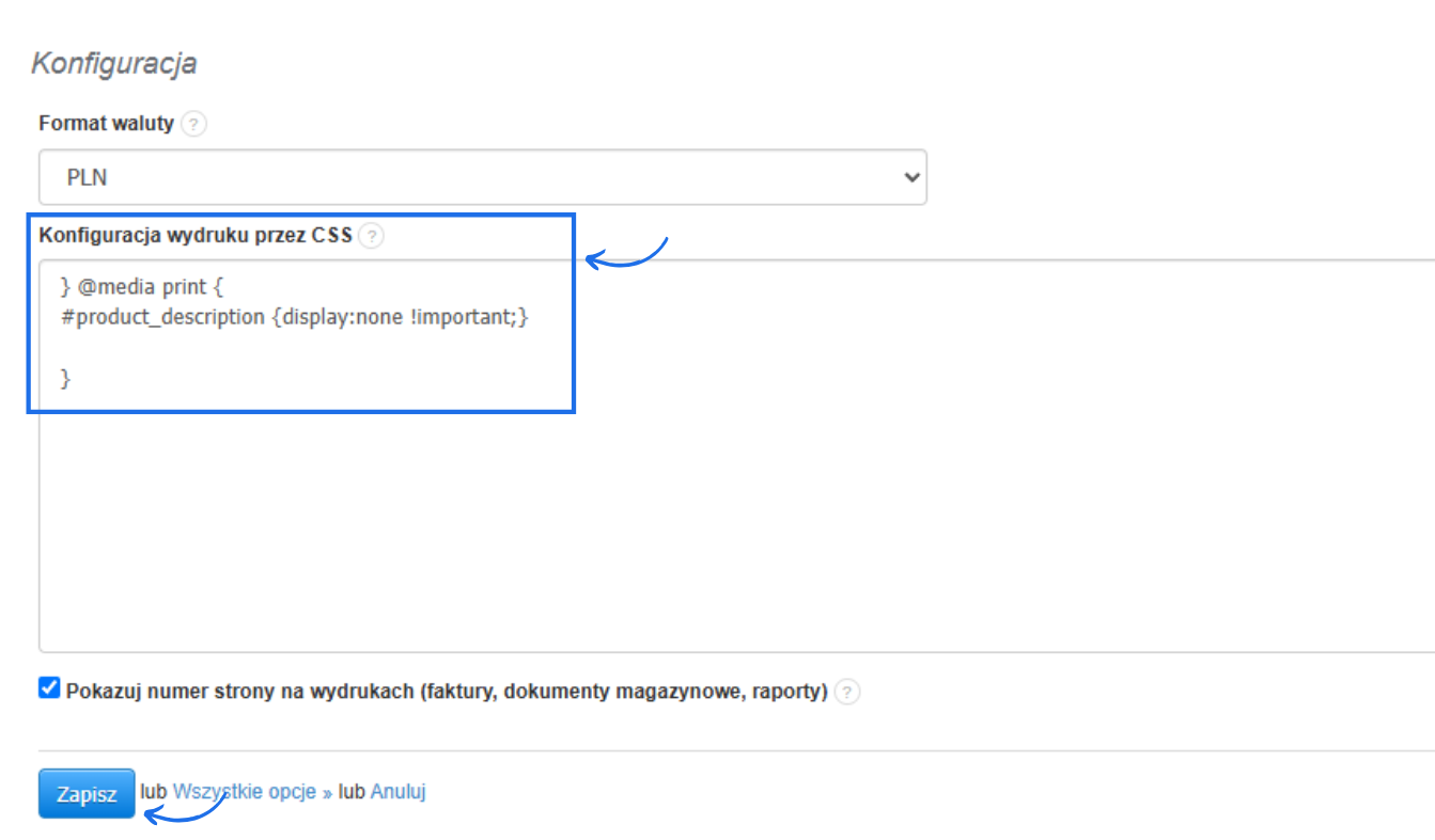 Pole konfiguracji wydruku CSS w Fakturownia z kodem ukrywającym opisy produktów na wydruku.