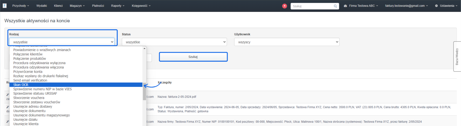 Ekran pokazujący wszystkie aktywności na koncie w aplikacji fakturowej, z rozwiniętym menu wyboru rodzaju aktywności i zaznaczoną opcją 'Skan OCR'.